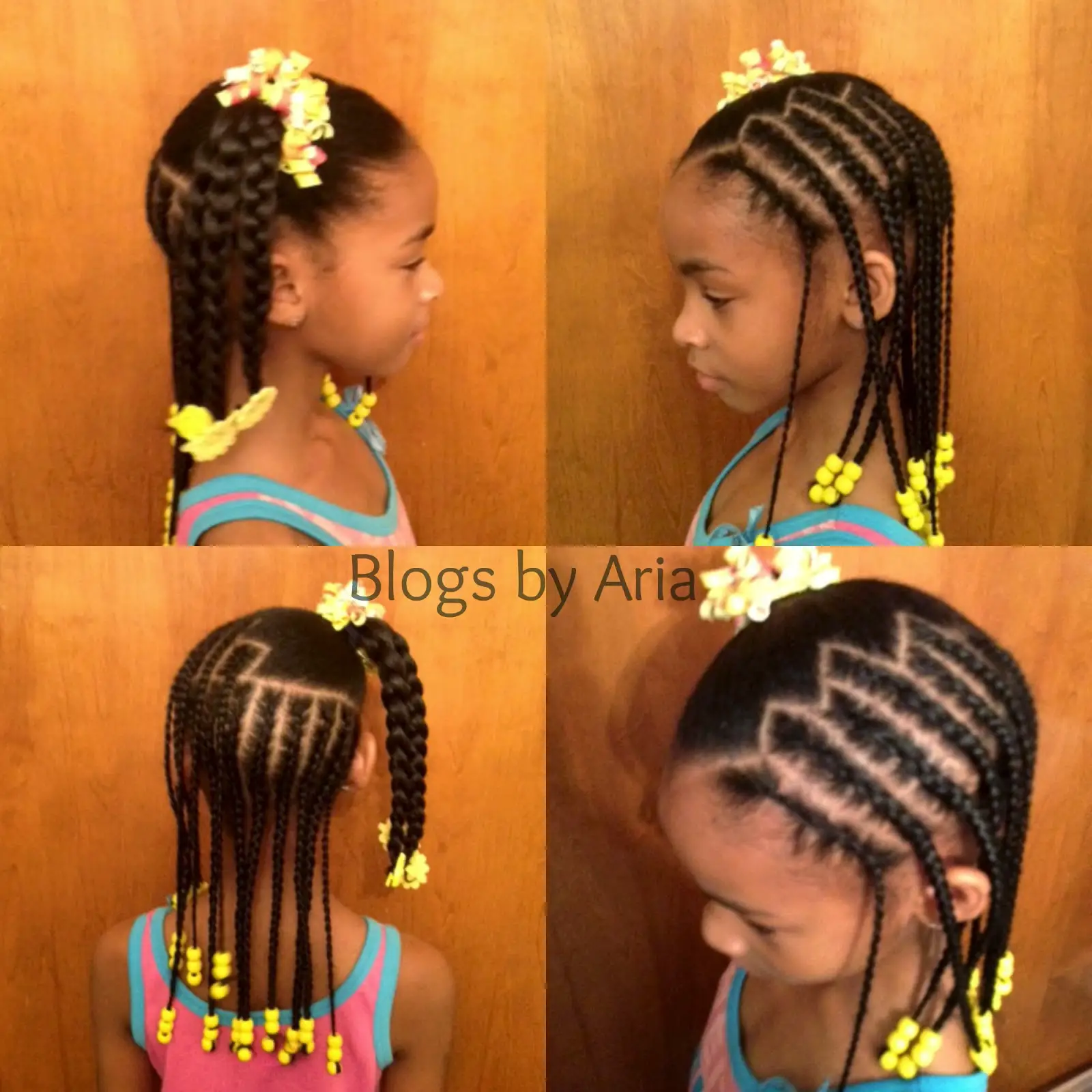 yellow beads and bows in this simple young girls hairstyle that's very cute!