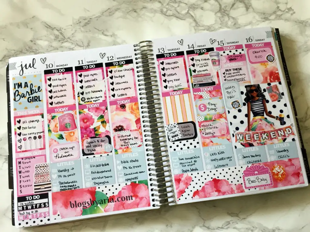glam planner barbie girl planner spread. planner stickers. weekly spreads. Erin Condren Life Planner.