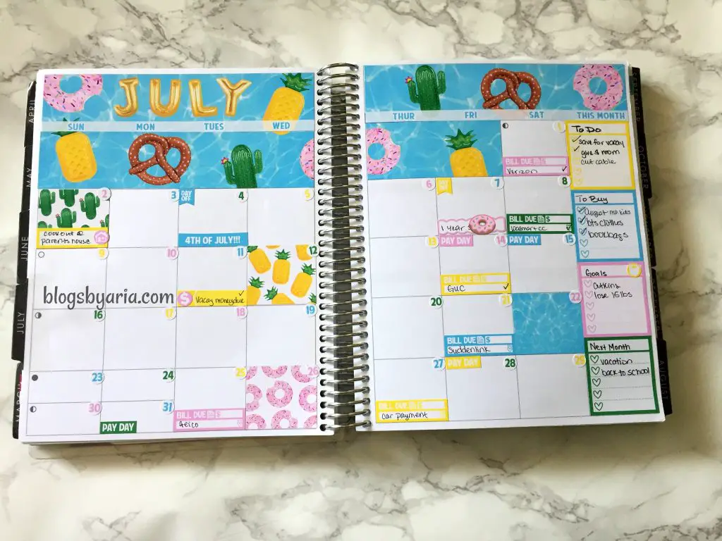 Caress Press July monthly planner spread