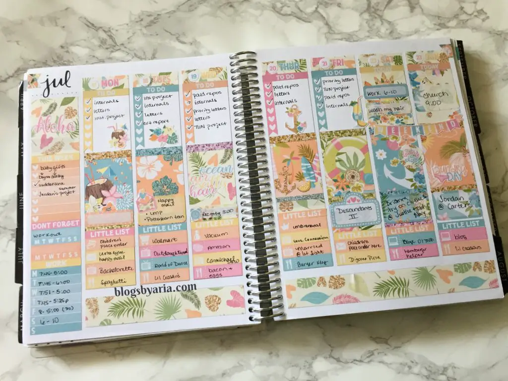 Little Miss Paperie Aloha weekly planner spread. planner stickers.