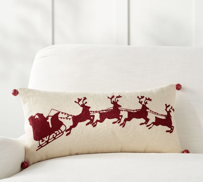 SLEIGH BELL CREWEL EMBROIDERED LUMBAR PILLOW