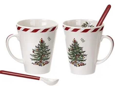 Spode Christmas Tree Peppermint Mugs with Spoons, set of 2 Hostess Gift Idea