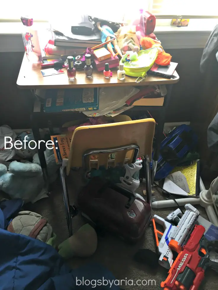 decluttered kids room desk before