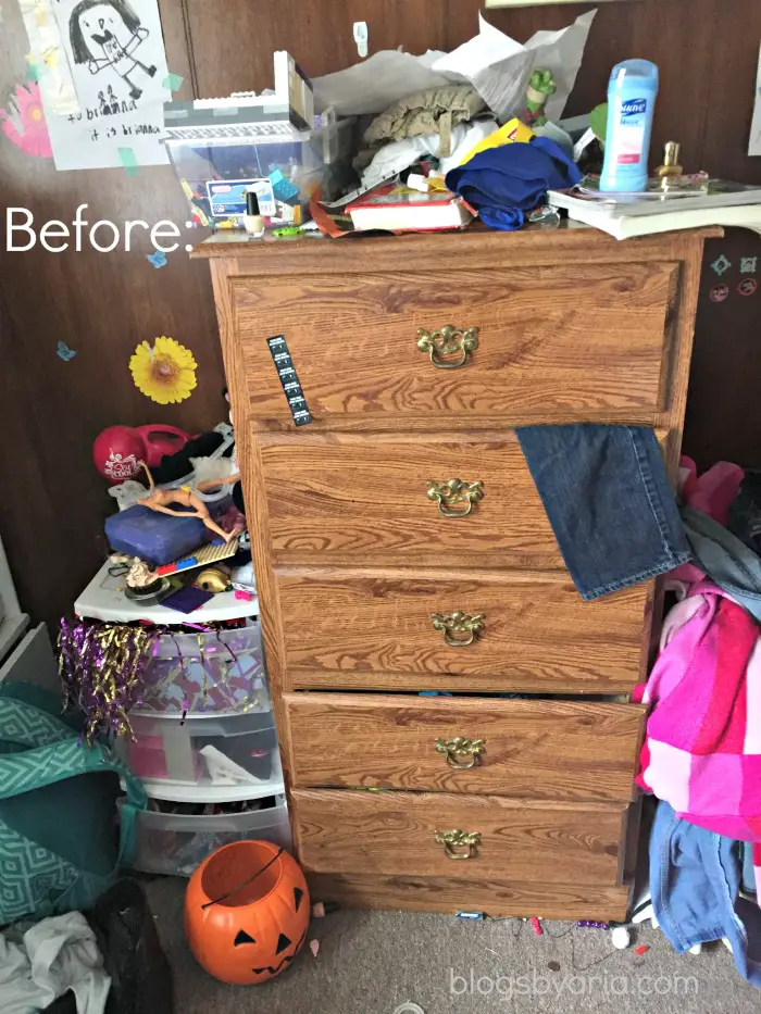 decluttered kids room dresser before