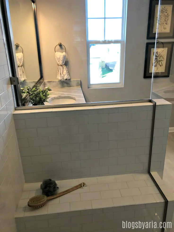 white subway tile shower bench