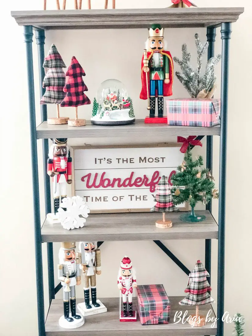 Christmas Decorating Progress styled shelves