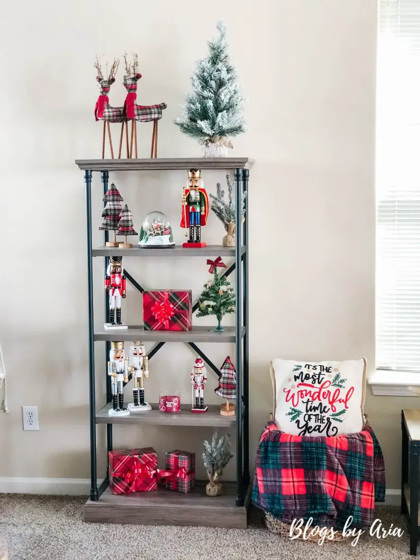 Christmas bookshelf decor