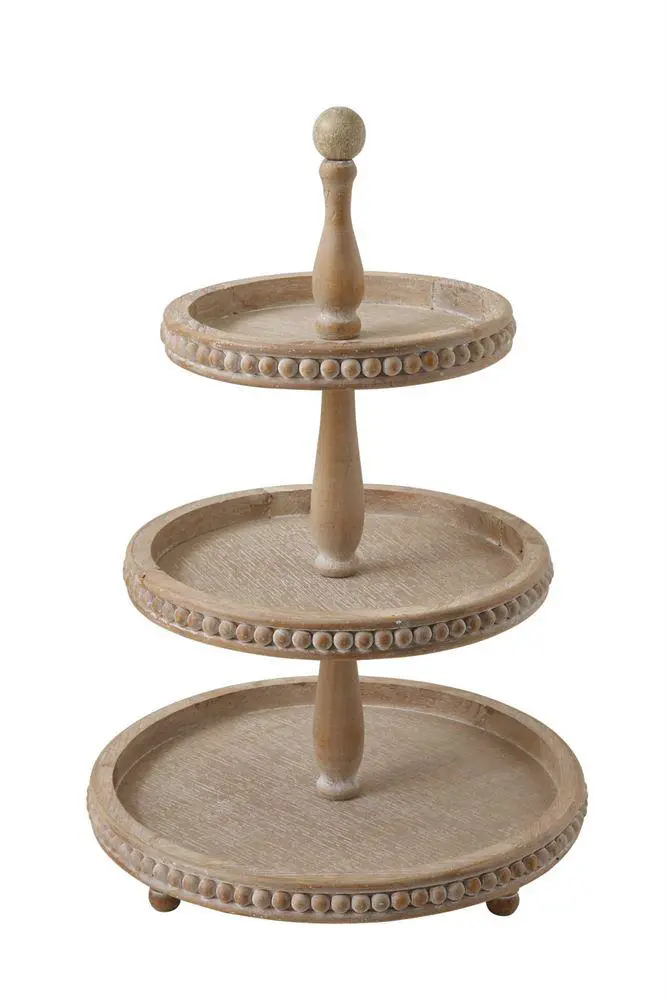 wooden beaded three tier tray stand