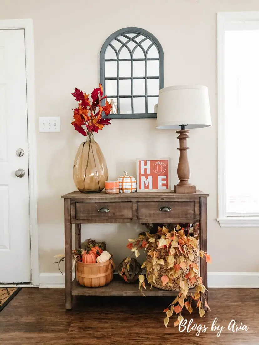 fall entryway table styling idea, rustic farmhouse fall entryway decor