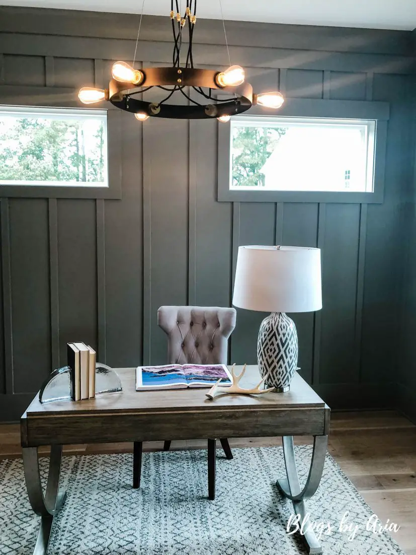 modern farmhouse home office with gray board and batten walls