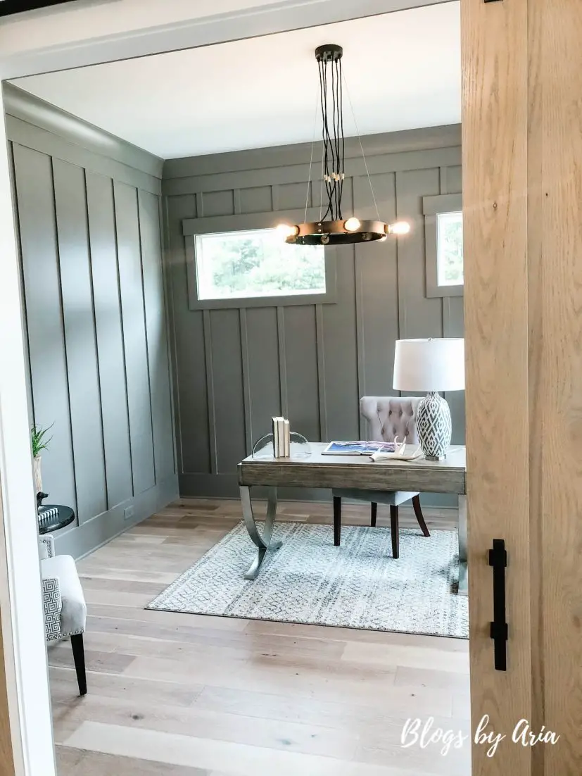 modern farmhouse home office with gray board and batten walls