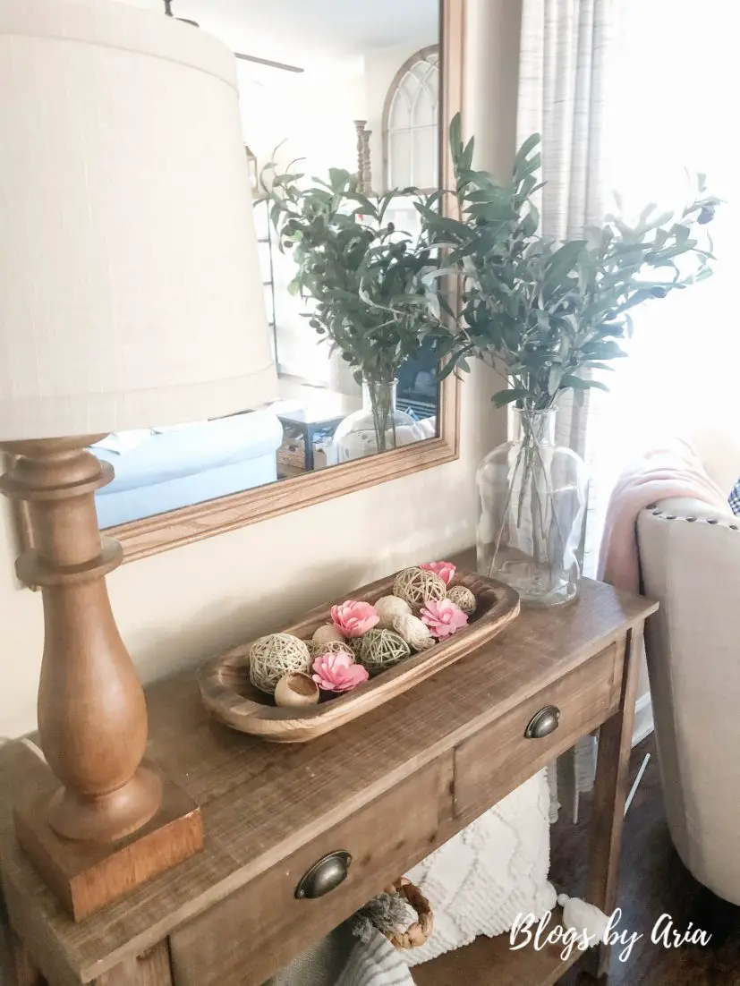 simple entryway table decorated for valentine's day